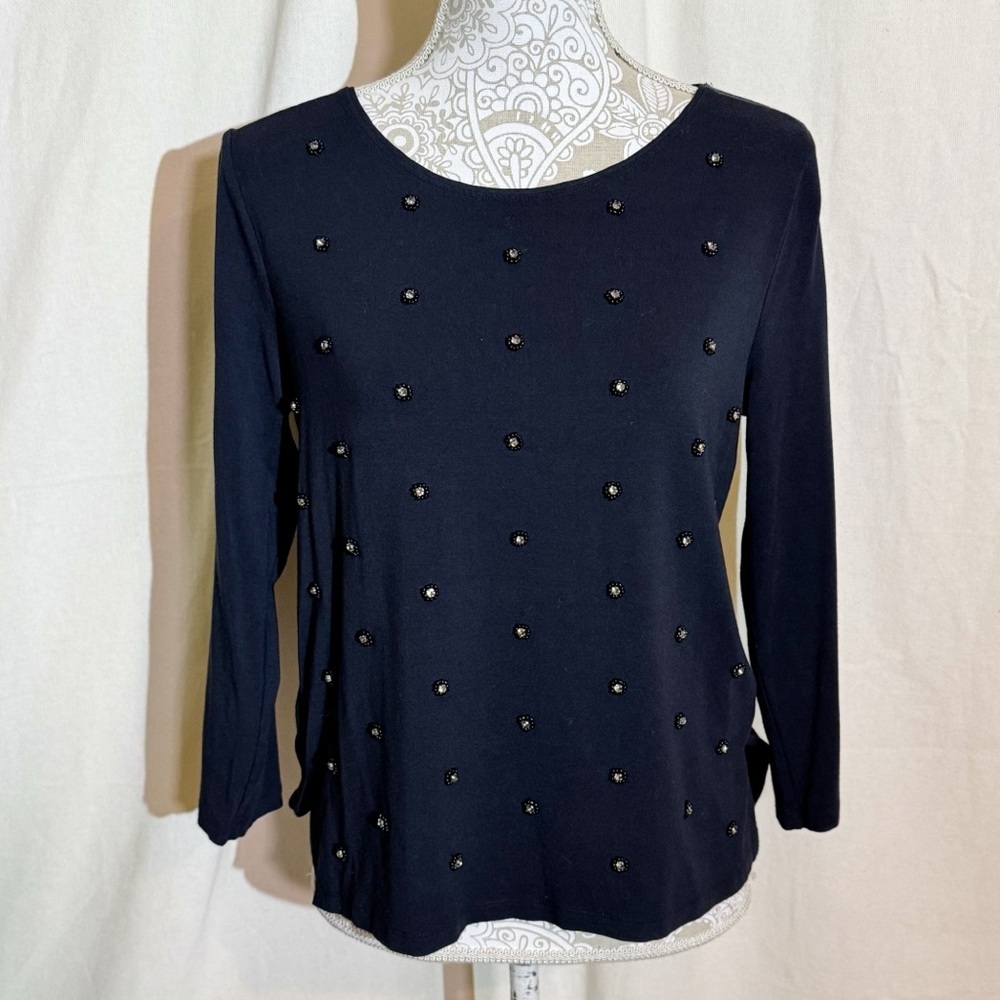 Ann Taylor // dark blue beaded 3/4th length sleeves top size small a26